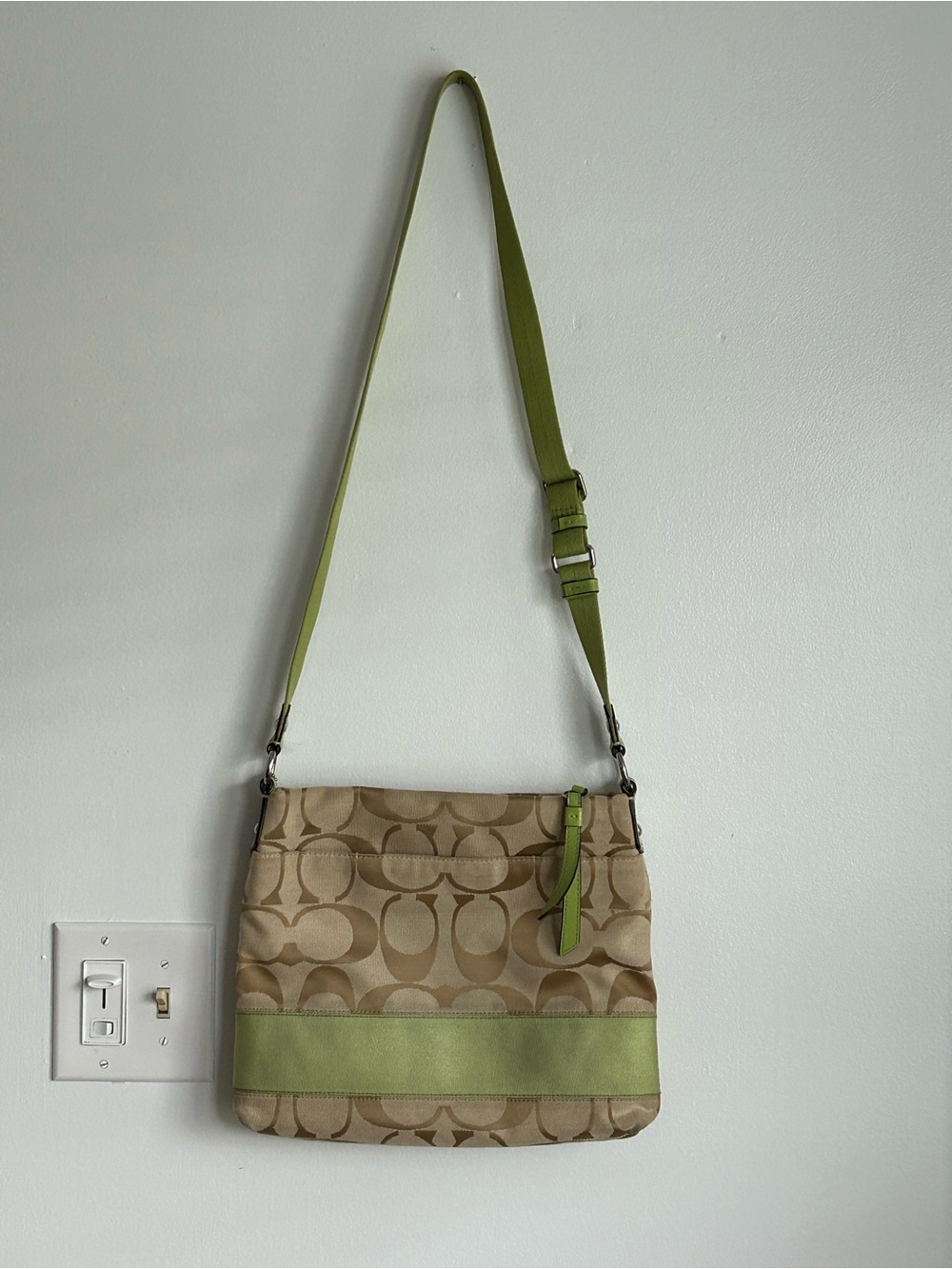 Vintage Coach Signature Stripe Lime Green & Tan Crossbody Purse Y2K 2000s